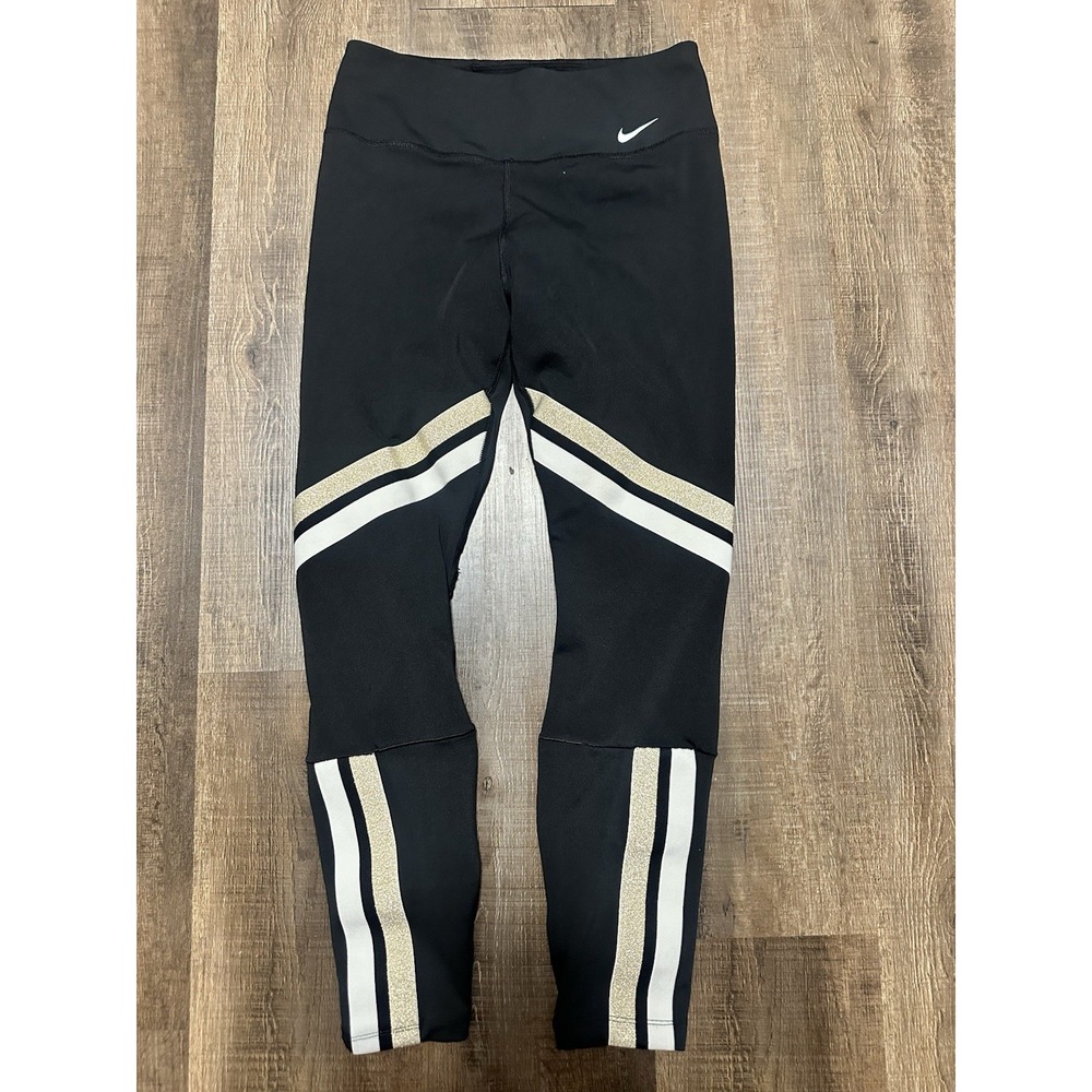 Nike Dri-Fit Women's Black‎ Gold White Icon Striped Training Tights Size Medium